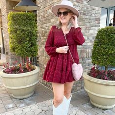 How Stylish And Chic Is This Dress? The Polka Dots Are Just That Extra Umph That Ups The Ante Of This Dress. The Color Gives A Sophisticated Vibe But The Silhouette And Print Is Soo Fun. Long Sleeve Woven Clipspot V Neck Mini Dress With Bubble Sleeves Gathered Multi-Tier Body & Lining Liz Is 5'7 And Wears A Size Small In This Style Chic Burgundy Mini Dress For Spring, White Satin Mini Dress, Plaid Dress Vintage, Blue Slip Dress, V Neck Mini Dress, Cute Casual Dresses, Blue Print Dress, Black Knit Dress, Chiffon Mini Dress