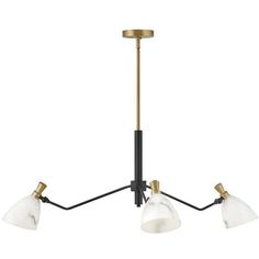 three light brass chandelier with white glass shades and black metal fittings,