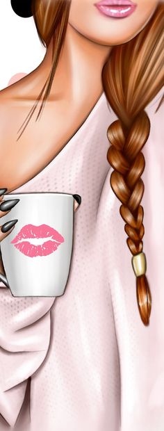 a drawing of a woman holding a coffee cup with her hair in a pony tail