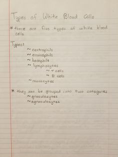 a piece of paper with writing on it that says types of white blood cells and their names