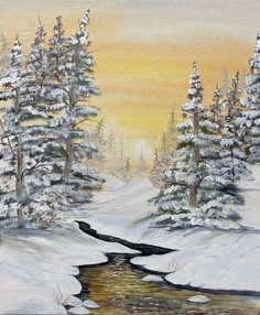 a painting of snow covered trees and a stream in the foreground with yellow sky