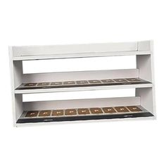 two shelves with different types of chocolates on each shelf, one is white and the other is brown