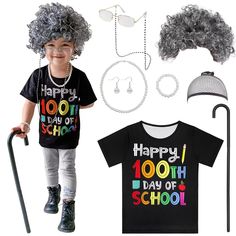 PRICES MAY VARY. Our Granny Dress Up for Kids with Special Old Lady Grey Wig match Granny Glasses, and Paired with a themed T-shirt printed with "100th day of school", extremely classic & impish.Let's get old lady costume and have fun with friends at school! Abundant Accessories:The Granny Costume for Kids include 100th day of school T-shirt, Dark Grey Old Lady Wig and glasses with Retainer Chain,Wig Cap, Pearl Necklaces, bracelet, Earrings,Granny Cane, 8PCS in total.Owning this Old Lady Costume Chain Wig, Old Lady Costume For Kids, Girls 100 Days Of School, Granny Costume, Grandma Costume, Granny Glasses, Grandma Dress, Granny Dress, Old Lady Costume