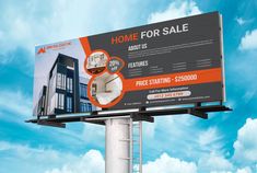 an advertisement for a home for sale is displayed on a pole in front of the blue sky