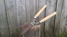 an old pair of garden shears sitting on top of a piece of wood next to a fence