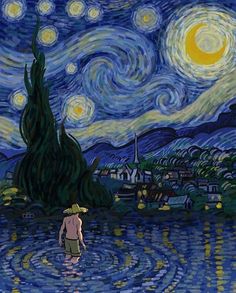 a painting of a man standing in front of a starry night