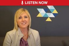 a woman sitting on top of a couch in front of a sign that says listen now