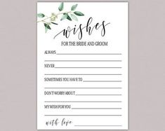 a wedding wishes card with greenery on the front and back, which reads wishes for the bride and groom