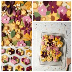 several pictures of different types of cookies on a table and in the process of being decorated