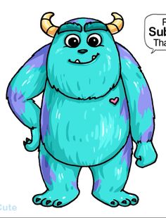 a blue monster with horns standing in front of a white background