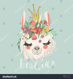 an alpaca with flowers and leaves on it's head is wearing a crown