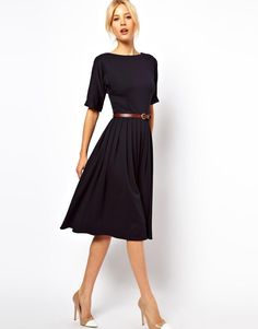 ASOS | ASOS Midi Dress With Full Skirt And Belt at ASOS Amal Clooney, Fall Outfits For Work, Stylish Work Outfits, Navy Midi Dress, Work Attire, Kurt Cobain, Modest Dresses, Work Fashion