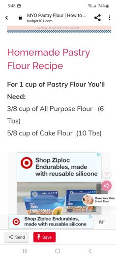 the recipe for homemade pastry flour is shown on an iphone screen, and it's also