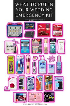 an advertisement for the emergency kit, with various items in it and text that reads what to put in your wedding emergency kit