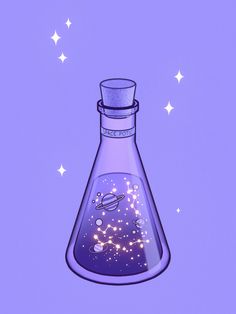 a glass flask filled with liquid and stars on a purple background that says, i love you