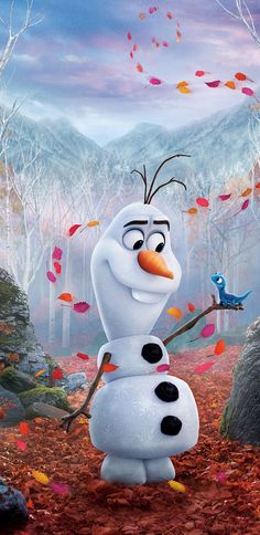 the frozen queen from disney's frozen world is shown in front of an autumn scene