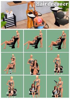 several images of women in bathing suits sitting on chairs and one is holding a hairdryer