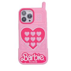 a pink phone case with hearts and the word barbie on it's back cover