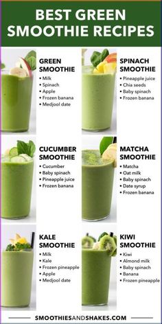 best green smoothie recipes Green Protein Smoothie Recipes, Super Green Smoothie Recipes, Green Ginger Smoothie, Green Smootie, Sweet Green Smoothie, Kale Smoothie Recipes, Tasty Smoothies, Diy Wellness