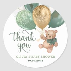 a baby shower sticker with a teddy bear holding balloons and the words thank you