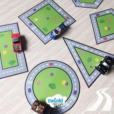 cars and trucks are on the road with placemats to match each other's vehicles