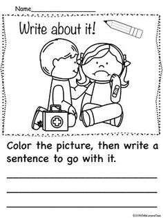 a coloring page with the words write about it and an image of two children sitting on a