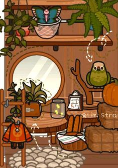 an image of a living room filled with plants and potted plants on top of shelves