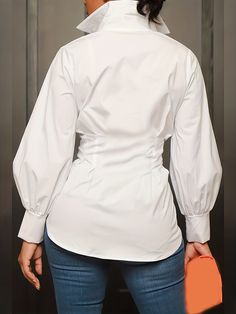 Plus Size Casual Blouse, Women's Plus Solid Button Up Lantern Sleeve Turn Down Collar Nipped Waist Blouse Upgrade your wardrobe with our Plus Size Casual Blouse, a versatile piece designed to offer style and comfort. Crafted from 100% polyester with a slight stretch, this blouse is perfect for all seasons. The solid color and button-up style exude elegance, while the lantern sleeves and turn-down collar add a trendy touch to your look. With a nipped waist design, this blouse accentuates your cur Long Sleeve Office Tops With Buttons, Long Sleeve Tops With Buttons For Office, Long Sleeve Buttoned Office Tops, Fall Blouse With Buttons, Non-stretch Long Sleeve Office Blouse, Office Long Sleeve Blouse, Non-stretch Long Sleeve Work Shirt, Fitted Solid Color Shirt For Office Wear, Office Wear Solid Color Button-up Tops