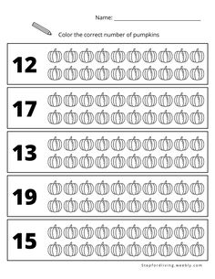 the worksheet for numbers 1 - 10 with pumpkins on it, which are numbered