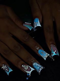 Blue Nails Black Women, Duckie Nails, Acrylic Nail Set, Diy Acrylic Nails