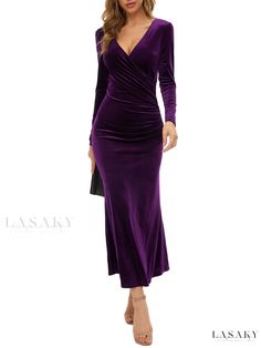 Lasaky - Stylish V-neck Solid Evening Dress for Women, Long Sleeve Stretchy Party Dress, Womens Sophisticated Attire Velvet Evening Dress, Velvet Dress Long, 파티 드레스, Office Dresses For Women, Evening Dresses With Sleeves, Fishtail Dress, Dress Sleeve Styles, Long Evening Gowns, Vestidos Vintage