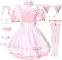 PRICES MAY VARY. High-quality Fabric: Polyester, cotton , well made, soft and comfy to the touch , cute anime maid queen princess dress outfit look. The complete 8 pcs set includes: dress + apron + maid headwear + cat ear + neck ring + bracelet * 2 + leg ring * 2+ knee socks. Distinctive Design: There is a big bow design on the back of the dress, with Pink bow or ribbon on the waist skirt, it looks more cute. The pink base skirt is matched with a white apron. Applicable Occasion: It’s suitable f Fairy Kei Style White Costume, Kawaii Cosplay Costume With Ruffles For Costume Party, Cute White Dresses For Cosplay, White Fairy Kei Costume For Costume Party, Cute White Dress For Cosplay Events, White Princess Costume For Cosplay, Princess Style White Costume For Party, White Princess Costume For Costume Party, White Princess Style Fancy Dress Costume