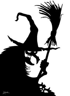 a black and white silhouette of a witch holding a broom with her head in the air