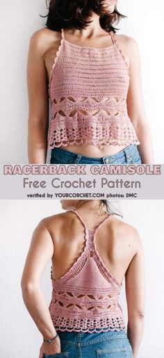 the back of a woman's top with crochet on it, and two pictures