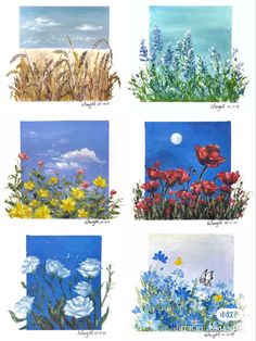 four different paintings of flowers and grass with blue sky in the background, one is white