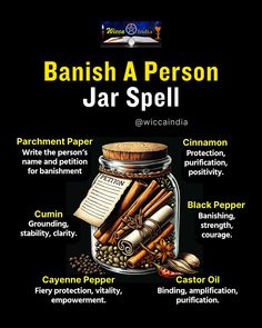 🌙 Remember that time when you felt someone was draining your energy, invading your space and you wished for a way to gently push them away? Here's your chance to reclaim your peace.  ✨ Picture yourself, armed with parchment paper, cinnamon for protection, purification, and a dash of positivity, black pepper for banishing and summoning courage, cayenne pepper for a fiery shield of protection, and cumin seeds to ground yourself and bring clarity. Your secret weapon? Castor oil for binding, amplification, and purification.  ⭐ The universe has blessed you with knowledge. Use it wisely. Remember the Wiccan Rede - Harm None. This is not about vengeance but setting boundaries. With this Spell Jar, you can banish that person, not with malice, but with love and respect for your peace. Incantation For Protection, Spell Jar To Banish A Person, Banish Spell Person, Protection Spell From Abuser, Banish Someone Spell, Banishing Jar Spell, Banish A Person Spell, Baneful Protection Spell Jar, Spell To Banish A Person From Your Life