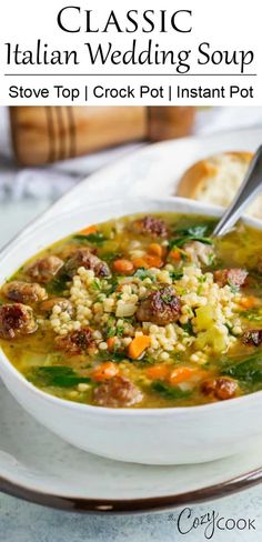 a white bowl filled with italian wedding soup