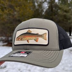 a person wearing a gray and black hat with a fish patch on the front of it