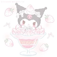 a drawing of a girl in a bowl with strawberries around her and the words hello kitty on it