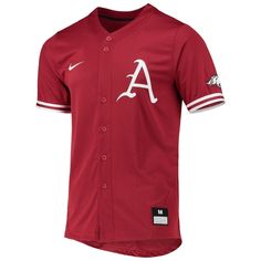 Make a statement about your Arkansas Razorbacks fandom with this Full-Button Replica baseball jersey from Nike. It features Dri-FIT technology that wicks away moisture to keep you cool and dry, making it perfect for those hot, sunny games. A stitched Arkansas Razorbacks applique on the front lets everyone know where your allegiance lies. Tagless Collar Rounded droptail hem Brand: Nike Material: 100% Polyester Woven jock tag Dri-FIT  technology wicks away moisture Short sleeve Machine wash, tumbl Red Baseball Jersey With Team Logo For Baseball Season, Red Varsity Baseball Jersey For Fans, Cotton Baseball Jersey For Fan Gear With Team Spirit, Baseball Season Fan Gear Jersey With Letter Print, Baseball Season Fan Apparel Jersey With Letter Print, Cotton Baseball Jersey For Fan Gear, Red Baseball Jersey For Sports Season, Red Baseball Jersey For Baseball Season, Team-colored Crew Neck Jersey For Baseball Season