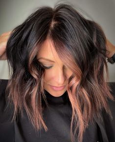 Fall Hair Color For Brunettes With Money Pieces, Watermelon Brunette Hair, Money Piece Hair Rose Gold, Modern Hair Highlights, Dark Brown With Rose Gold Highlights, Dark Hair Color Money Piece, Rose Gold On Brunette Hair, Dark Brown Hair With Rose Gold Money Piece, Rose Money Piece Hair