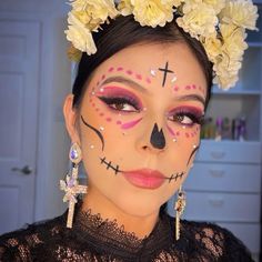 Coco Costume, Sugar Skull Costume, Makeup Ojos, Pink Eyeliner, Rhinestone Makeup, Show Makeup, Boy Toy