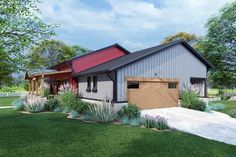 this is an artist's rendering of a house with garage and attached porches