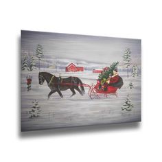 a horse pulling a sleigh with a christmas tree on it's back