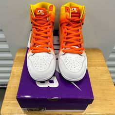 Get Ready To Taste The Sweetness Of Halloween With Nike Sb Dunk High Sweet Tooth Candy Corn Sneakers. These Sneakers Come In A Multicolor Colorblock Pattern That Will Make You Stand Out In The Crowd. Don't Miss Out On This Limited Edition Halloween-Themed Shoe. 100% Authentic. Made In Vietnam. Size 11m. In-Hand Ready To Ship. No Major Flaws Seen. Brand New. Please See Pics Above For A Closer Look At Product. Legit Seller. Nike Orange Lace-up High-top Sneakers, Orange Lace-up High-top Sneakers With Gum Sole, Yellow Synthetic Basketball Shoes With Round Toe, Yellow Synthetic Round Toe Basketball Shoes, Orange Lace-up High-top Synthetic Sneakers, Orange Synthetic Lace-up High-top Sneakers, Yellow Lace-up Sneakers With Gum Sole, Nike Yellow Basketball Shoes With Gum Sole, Nike Orange Skate Shoes With Gum Sole