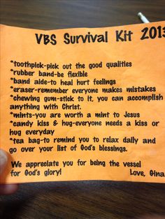 a piece of paper with writing on it that says, vbs survival kit 2013