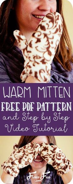 a woman covering her face with a leopard print mitt and text that reads warm mitten free pattern and step by step video guide