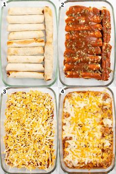 four different baking pans filled with food including pizza, lasagna and cheese