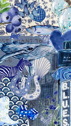 an artistic collage with blue and white items on it, including a bottle of perfume