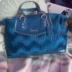 Coach. Beautiful Hand Bag W/Shoulder Strap. In A Satin Blue W/ Silver Hardwearthis Bag Is Sooo Gorgeous The Pics Don�’t Do It Justiceall Packaged Up Like A Present Blue Coach Satchel With Removable Pouch, Coach Blue Satchel For Travel, Blue Coach Top Handle Satchel, Coach Blue Top Handle Satchel, Blue Coach Satchel For Daily Use, Coach Blue Satchel With Handles, Blue Coach Satchel, Daily Use Blue Coach Bags, Blue Coach Handbag With Top Carry Handle